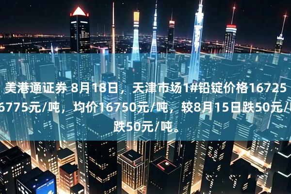 美港通证券 8月18日，天津市场1#铅锭价格16725-16775元/吨，均价16750元/吨，较8月15日跌50元/吨。