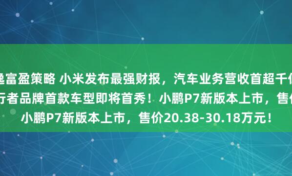 逸富盈策略 小米发布最强财报,汽车业务营收首超千亿!FREELANDER神行者品牌首款车型即将首秀!小鹏P7新版本上市,售价20.38-30.18万元!